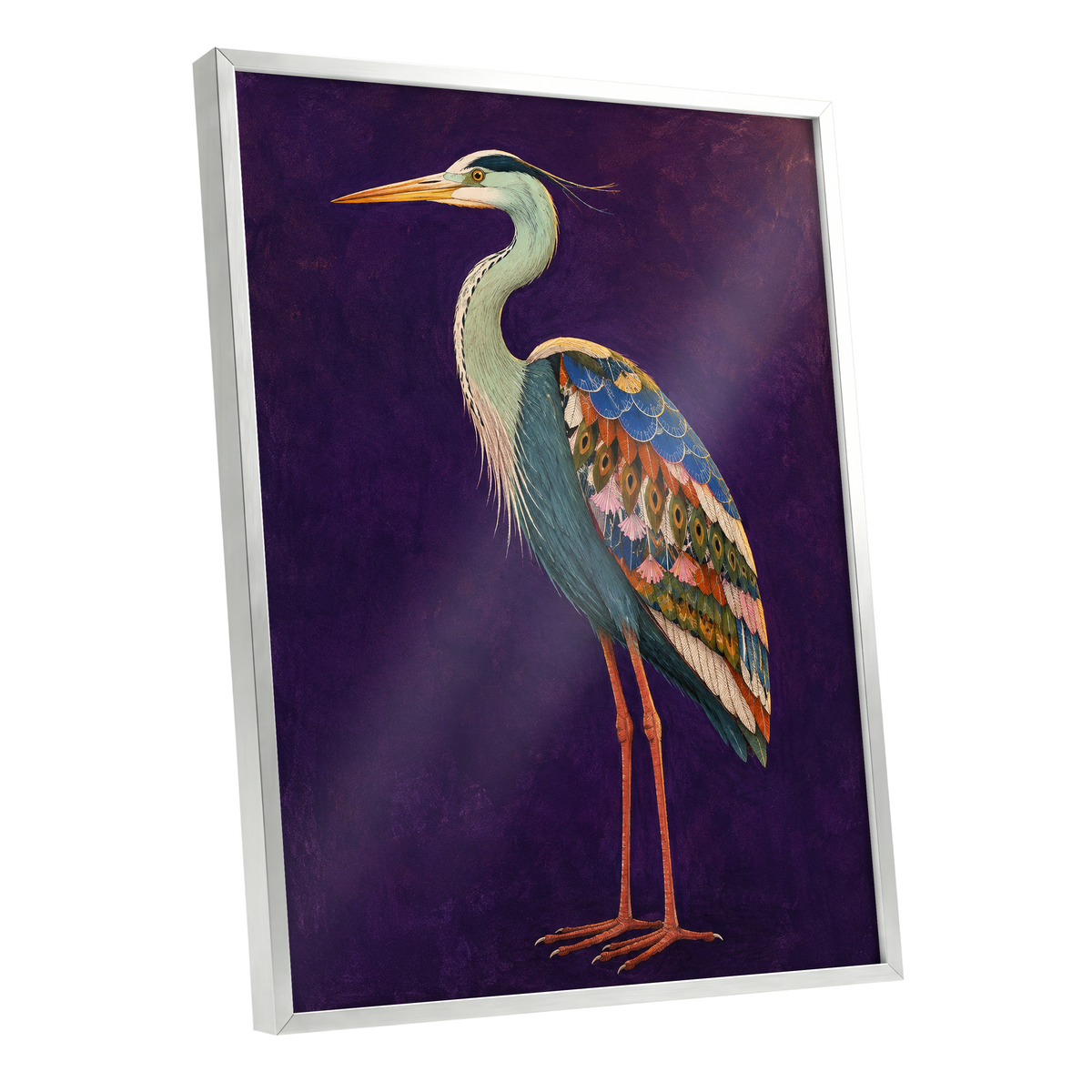 Heron in Jewel Tones, purple, blue, green nature wall art shown as a silver framed poster wall art print