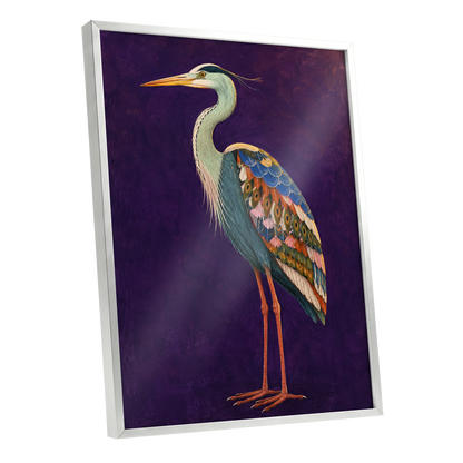 Heron in Jewel Tones, purple, blue, green nature wall art shown as a silver framed poster wall art print