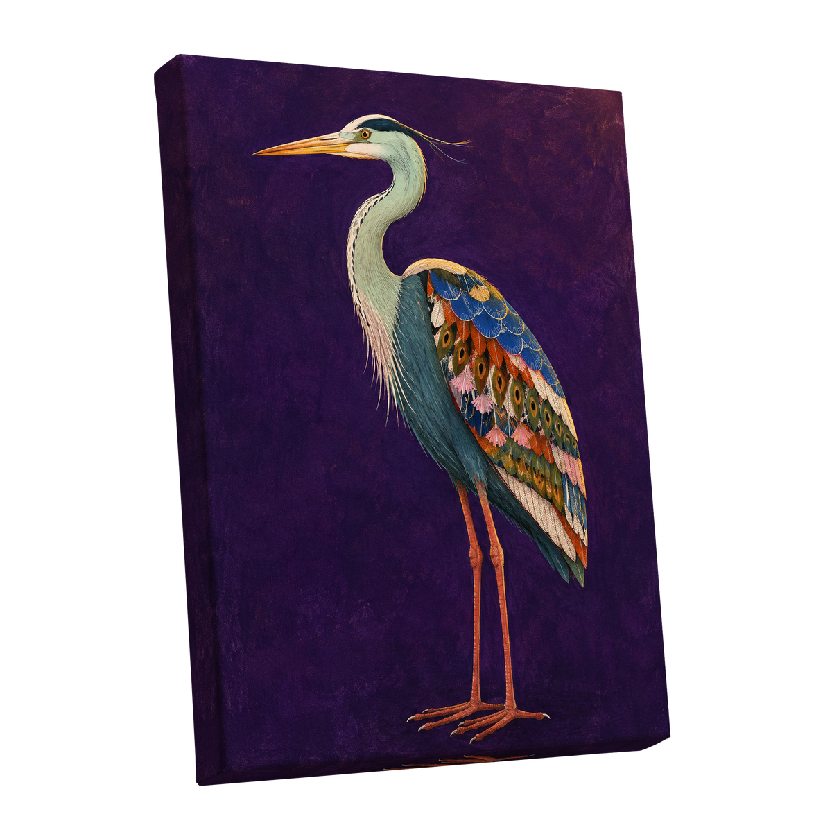 Heron in Jewel Tones, purple, blue, green nature wall art shown as a stretched canvas wall art