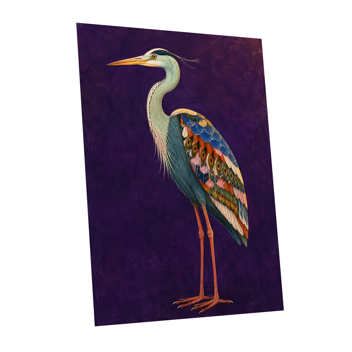 Heron in Jewel Tones, purple, blue, green nature wall art shown as a unframed poster wall art print