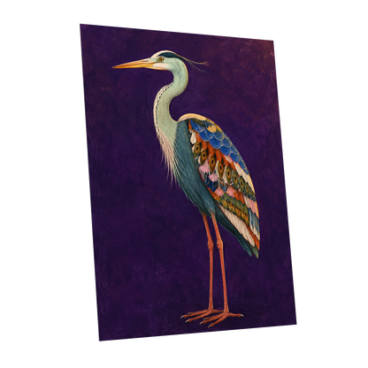 Heron in Jewel Tones, purple, blue, green nature wall art shown as a unframed poster wall art print