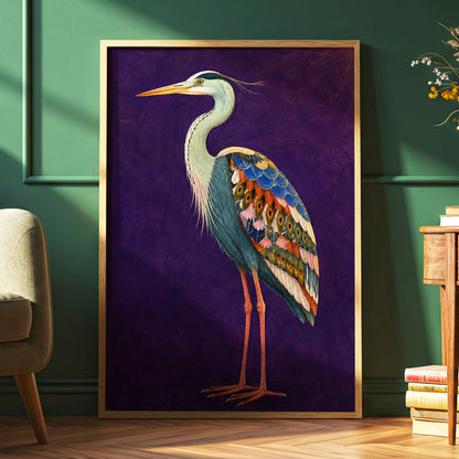 Heron in Jewel Tones, purple, blue, green nature wall art displayed in a styled interior, gallery view 2