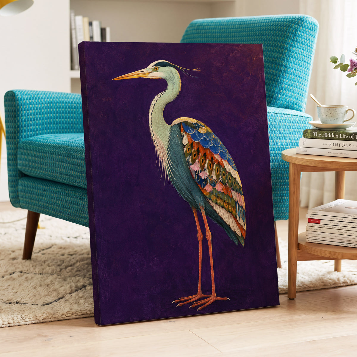 Heron in Jewel Tones, purple, blue, green nature wall art displayed in a styled interior, gallery view 3