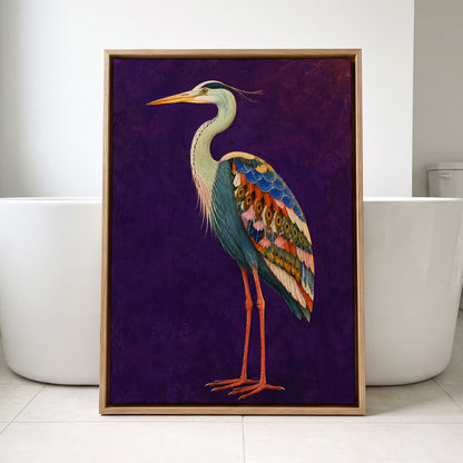 Heron in Jewel Tones, purple, blue, green nature wall art displayed in a styled interior, gallery view 4