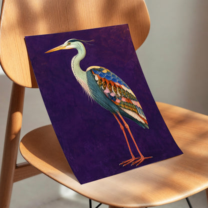 Heron in Jewel Tones, purple, blue, green nature wall art displayed in a styled interior, gallery view 5