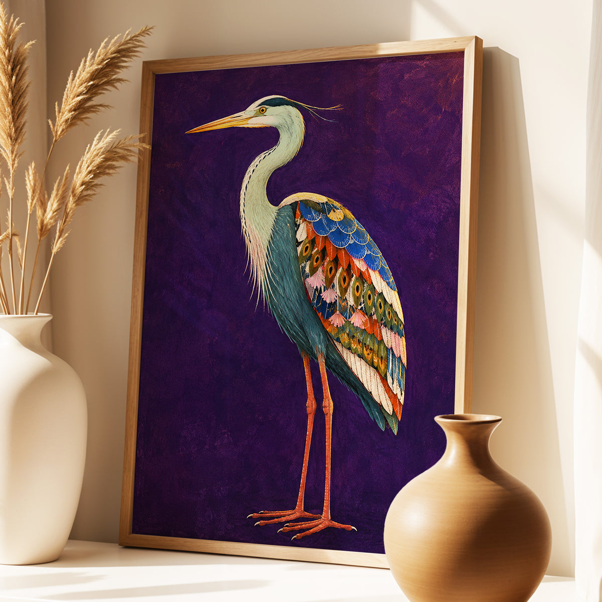 Heron in Jewel Tones, purple, blue, green nature wall art displayed in a styled interior, gallery view 6