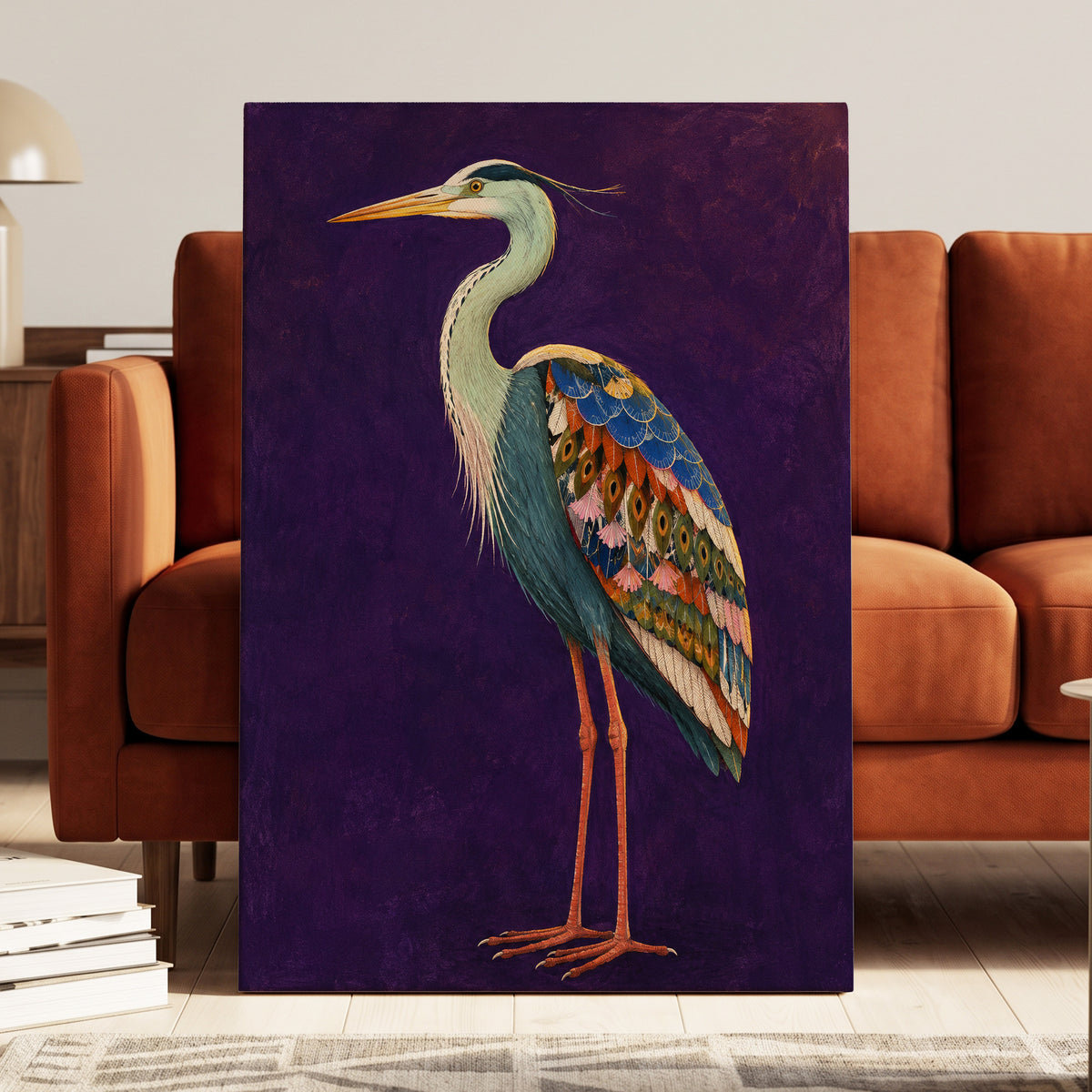 Heron in Jewel Tones, purple, blue, green nature wall art displayed in a styled interior, gallery view 7