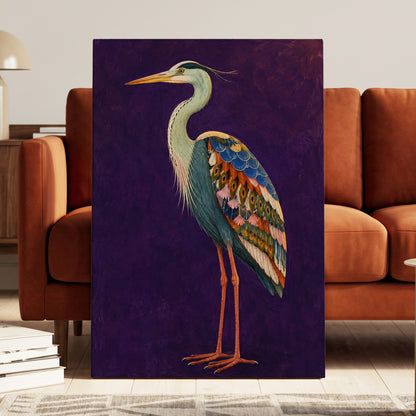 Heron in Jewel Tones, purple, blue, green nature wall art displayed in a styled interior, gallery view 7