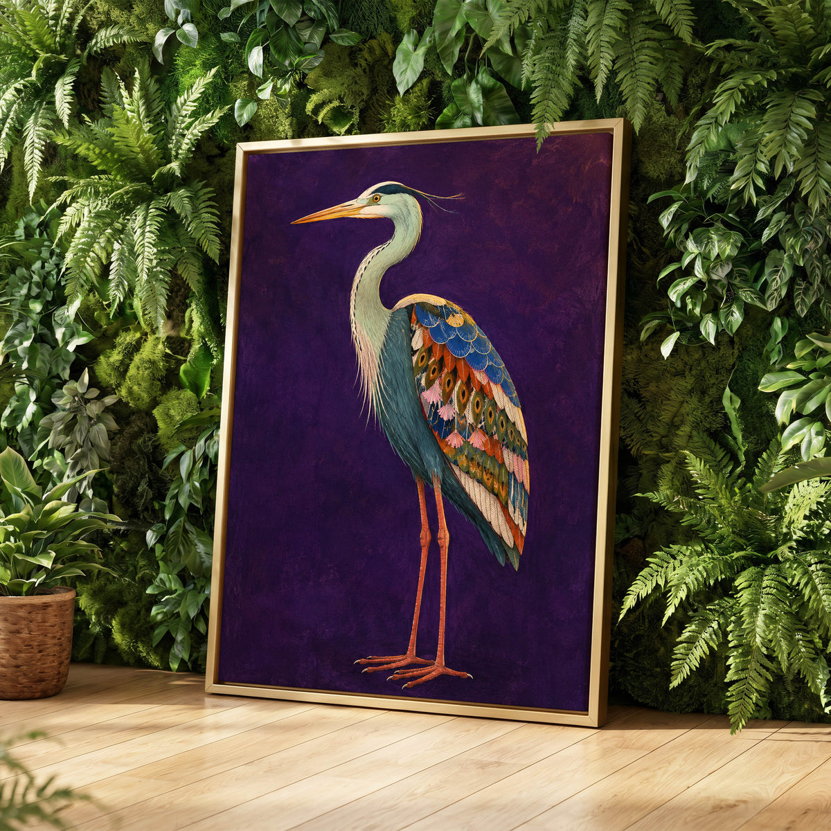 Heron in Jewel Tones, purple, blue, green nature wall art displayed in a styled interior, gallery view 8