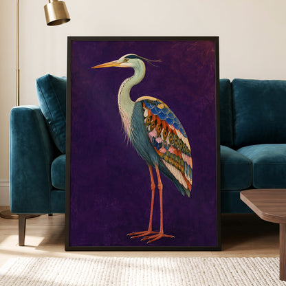 Heron in Jewel Tones, purple, blue, green nature wall art displayed in a styled interior, gallery view 9