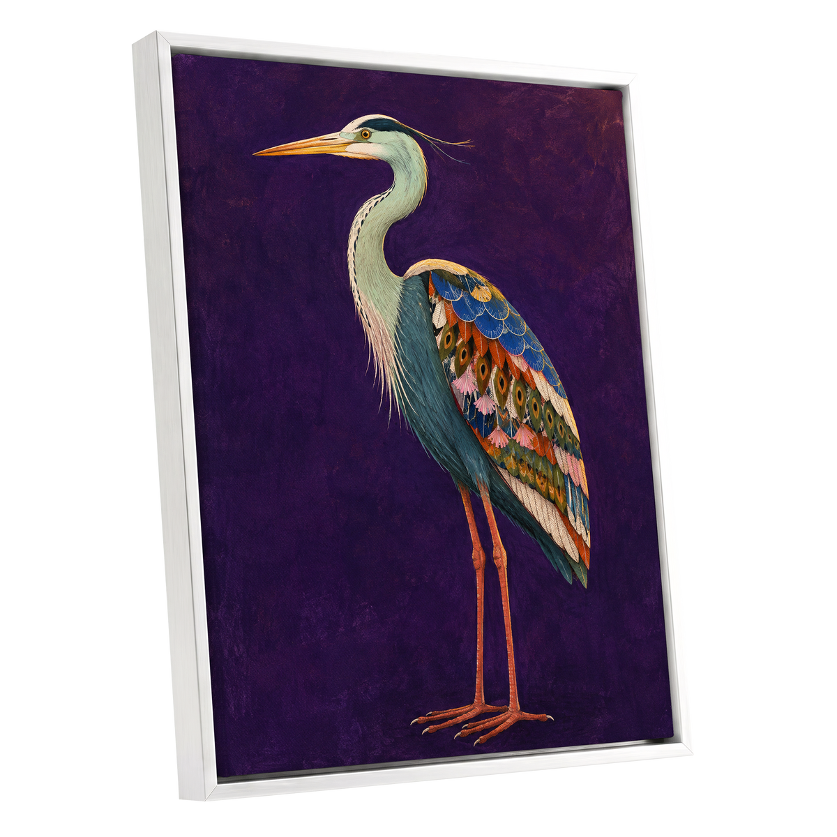 Heron in Jewel Tones, purple, blue, green nature wall art shown as a white framed canvas wall art