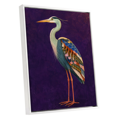 Heron in Jewel Tones, purple, blue, green nature wall art shown as a white framed canvas wall art
