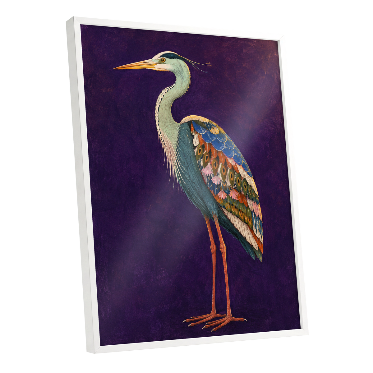 Heron in Jewel Tones, purple, blue, green nature wall art shown as a white framed poster wall art print