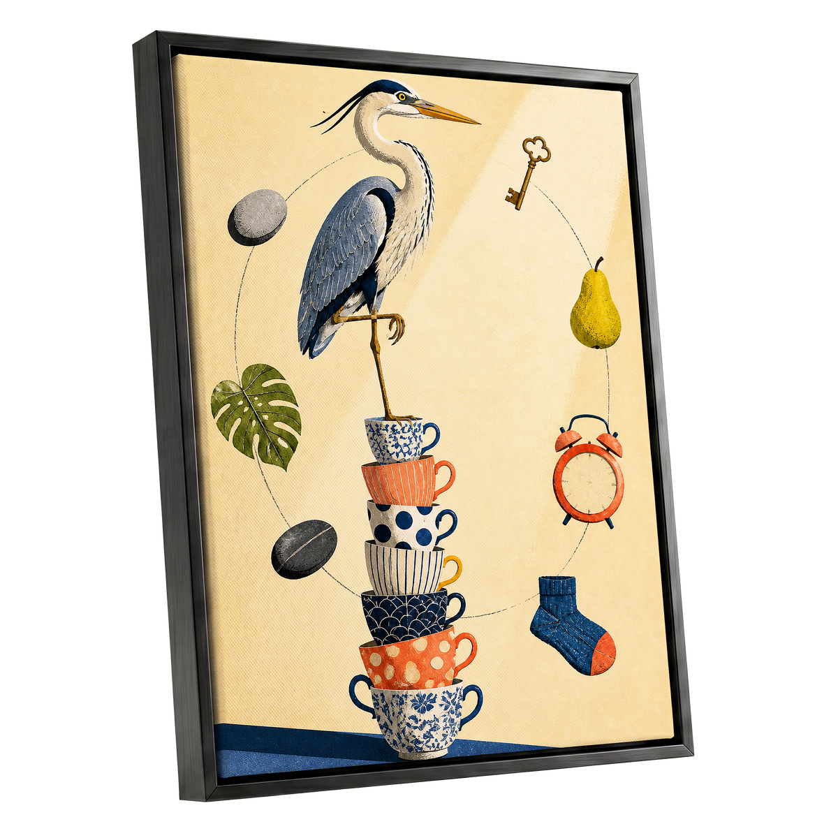 Heron's Balancing Act, beige, blue, orange nature wall art shown as a black framed canvas wall art