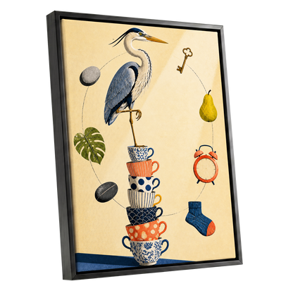 Heron's Balancing Act, beige, blue, orange nature wall art shown as a black framed canvas wall art