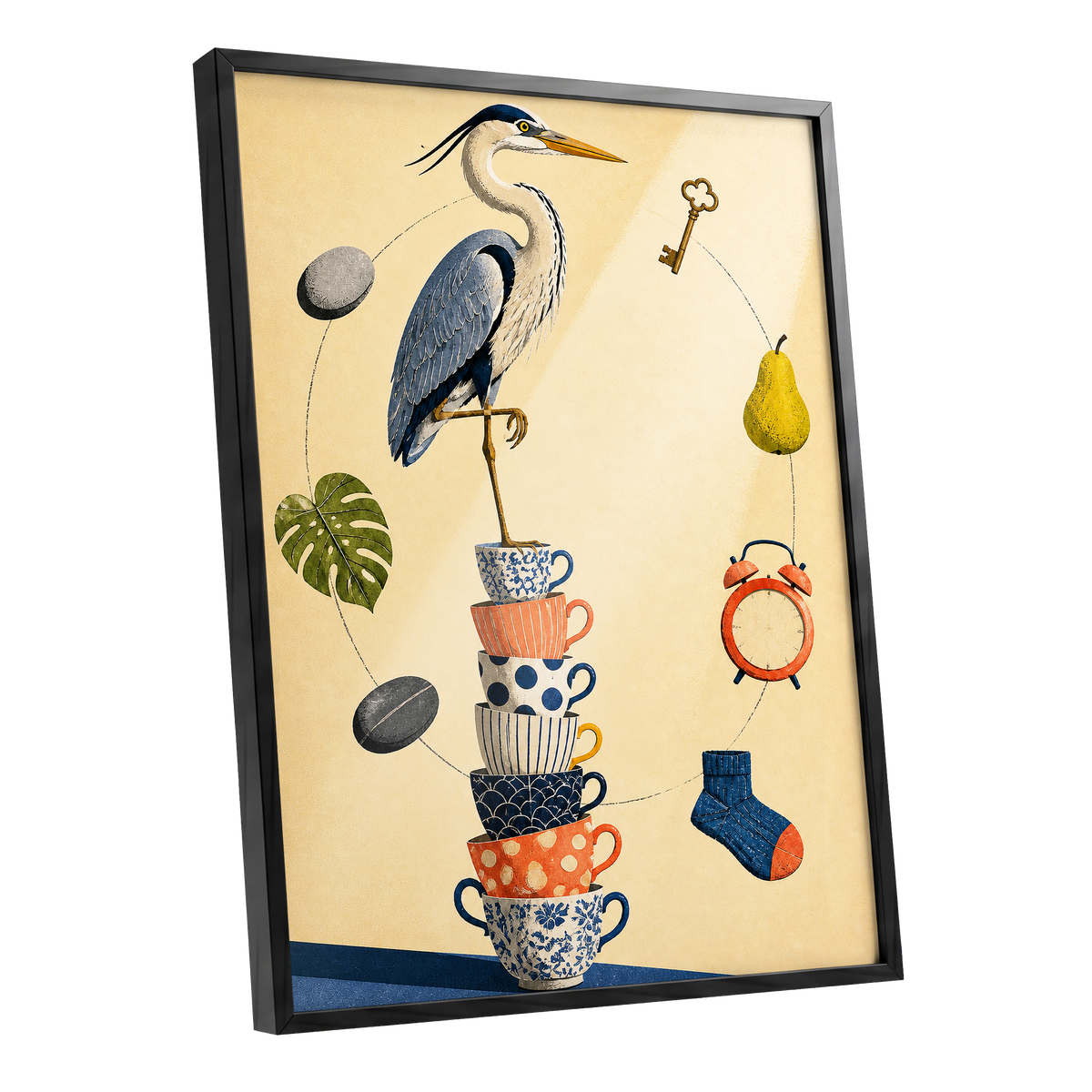 Heron's Balancing Act, beige, blue, orange nature wall art shown as a black framed poster wall art print