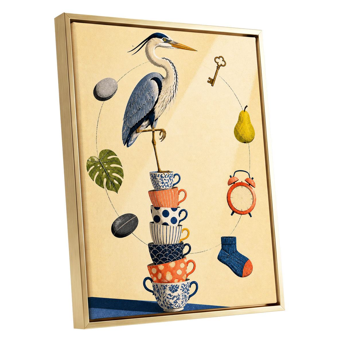 Heron's Balancing Act, beige, blue, orange nature wall art shown as a gold framed canvas wall art