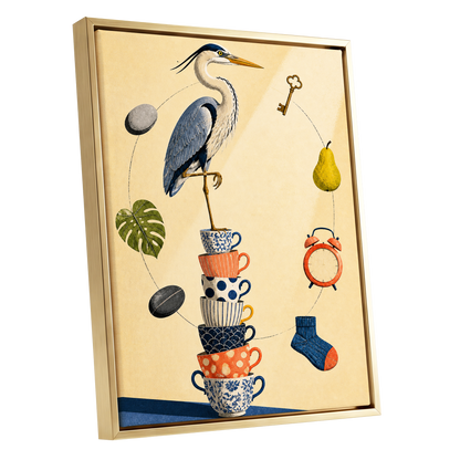 Heron's Balancing Act, beige, blue, orange nature wall art shown as a gold framed canvas wall art