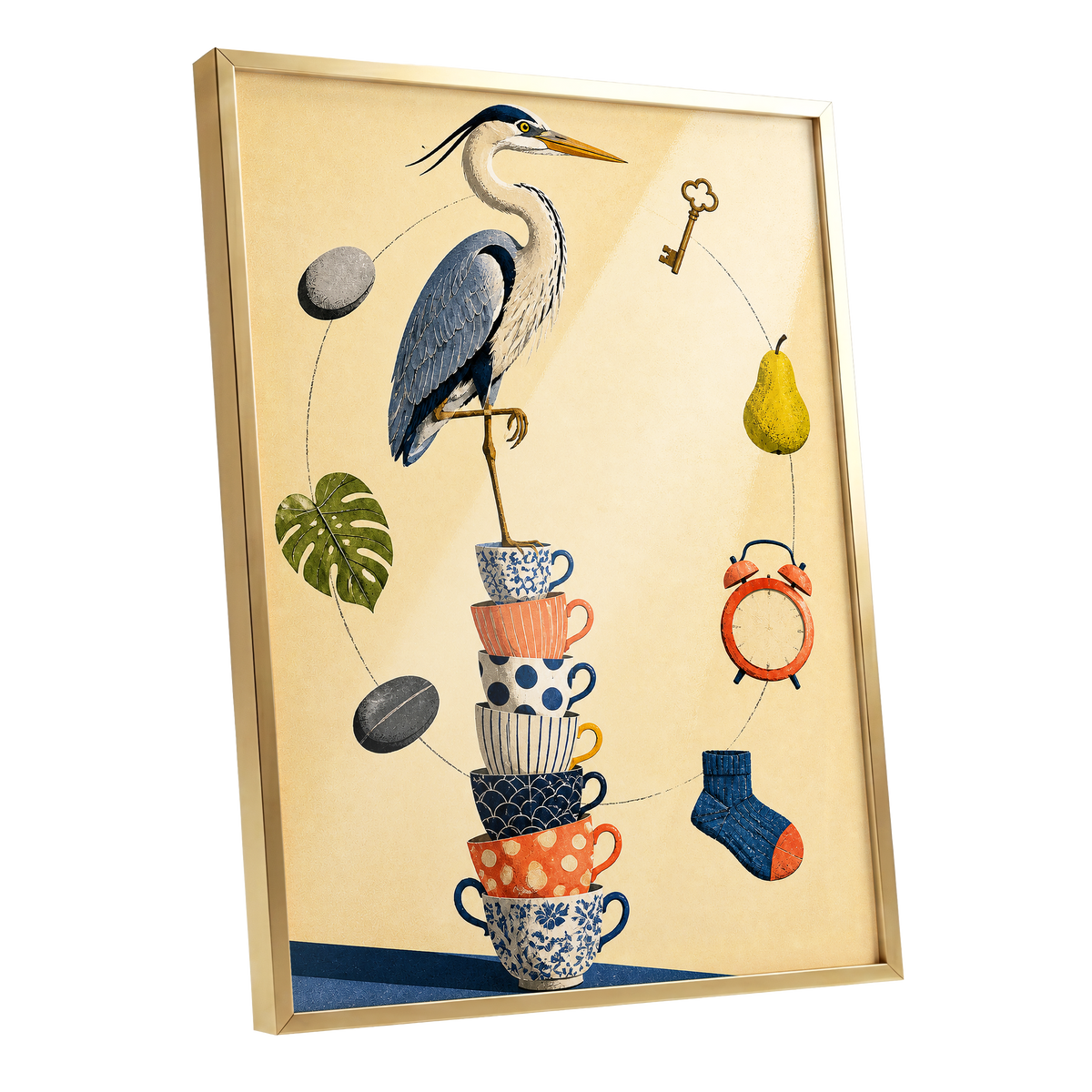 Heron's Balancing Act, beige, blue, orange nature wall art shown as a gold framed poster wall art print