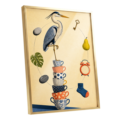 Heron's Balancing Act, beige, blue, orange nature wall art shown as a gold framed poster wall art print