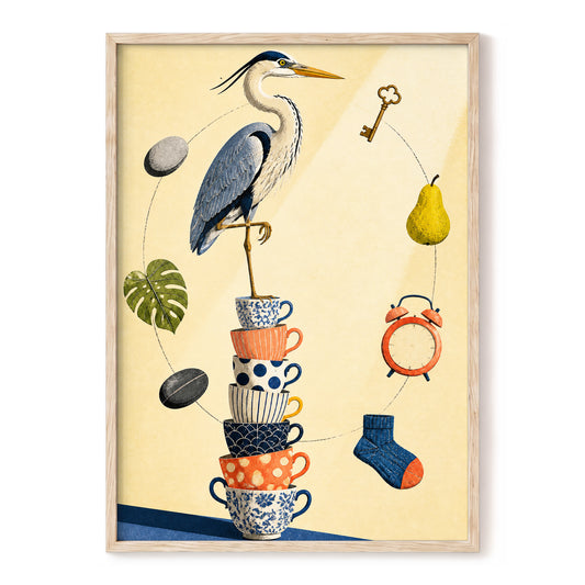 Heron's Balancing Act, beige, blue, orange nature wall art, front artwork view