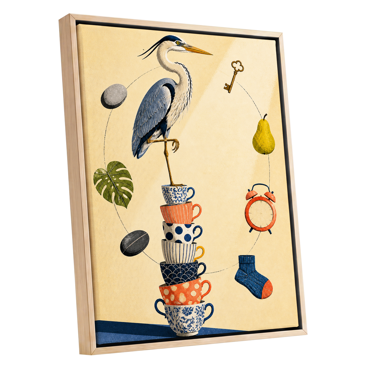 Heron's Balancing Act, beige, blue, orange nature wall art shown as a oak framed canvas wall art