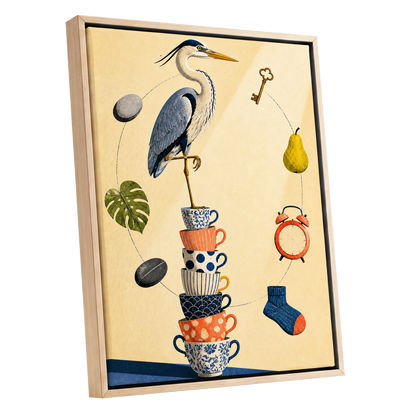Heron's Balancing Act, beige, blue, orange nature wall art shown as a oak framed canvas wall art