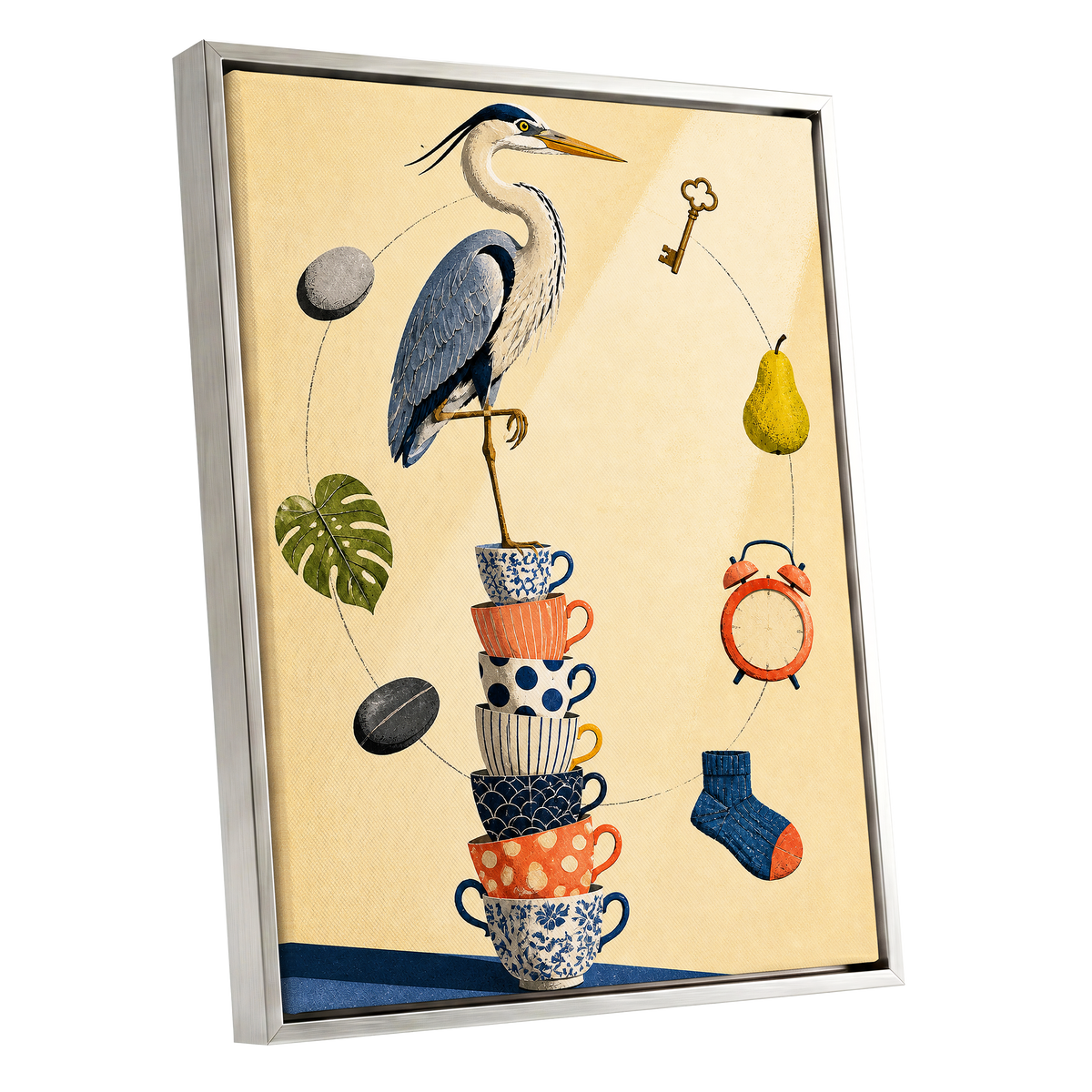 Heron's Balancing Act, beige, blue, orange nature wall art shown as a silver framed canvas wall art
