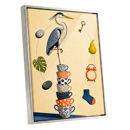 Heron's Balancing Act, beige, blue, orange nature wall art shown as a silver framed canvas wall art