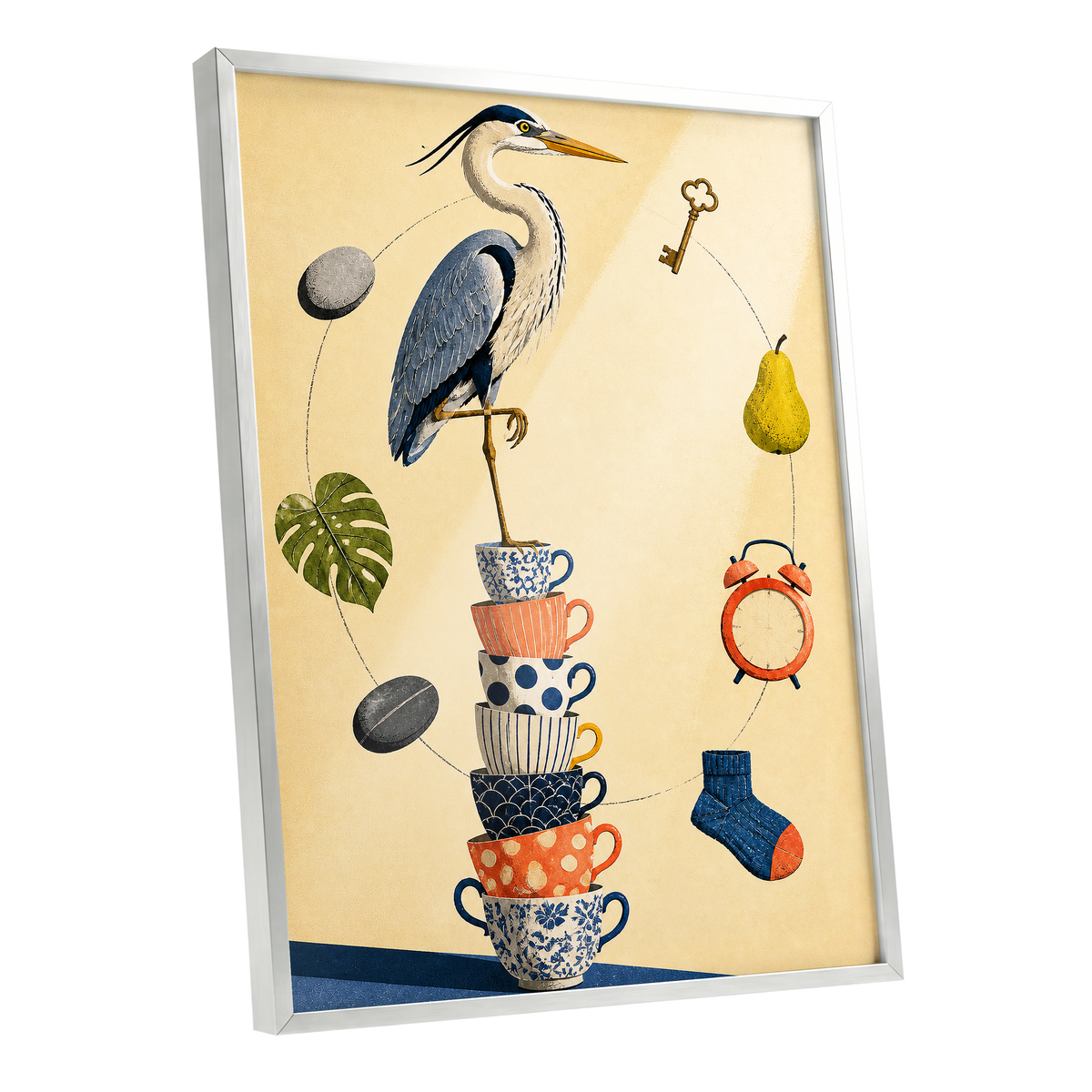 Heron's Balancing Act, beige, blue, orange nature wall art shown as a silver framed poster wall art print