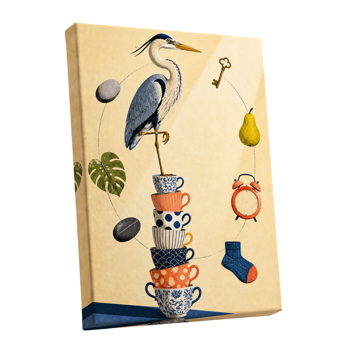 Heron's Balancing Act, beige, blue, orange nature wall art shown as a stretched canvas wall art