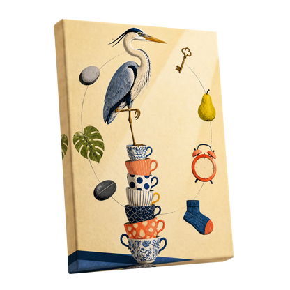 Heron's Balancing Act, beige, blue, orange nature wall art shown as a stretched canvas wall art