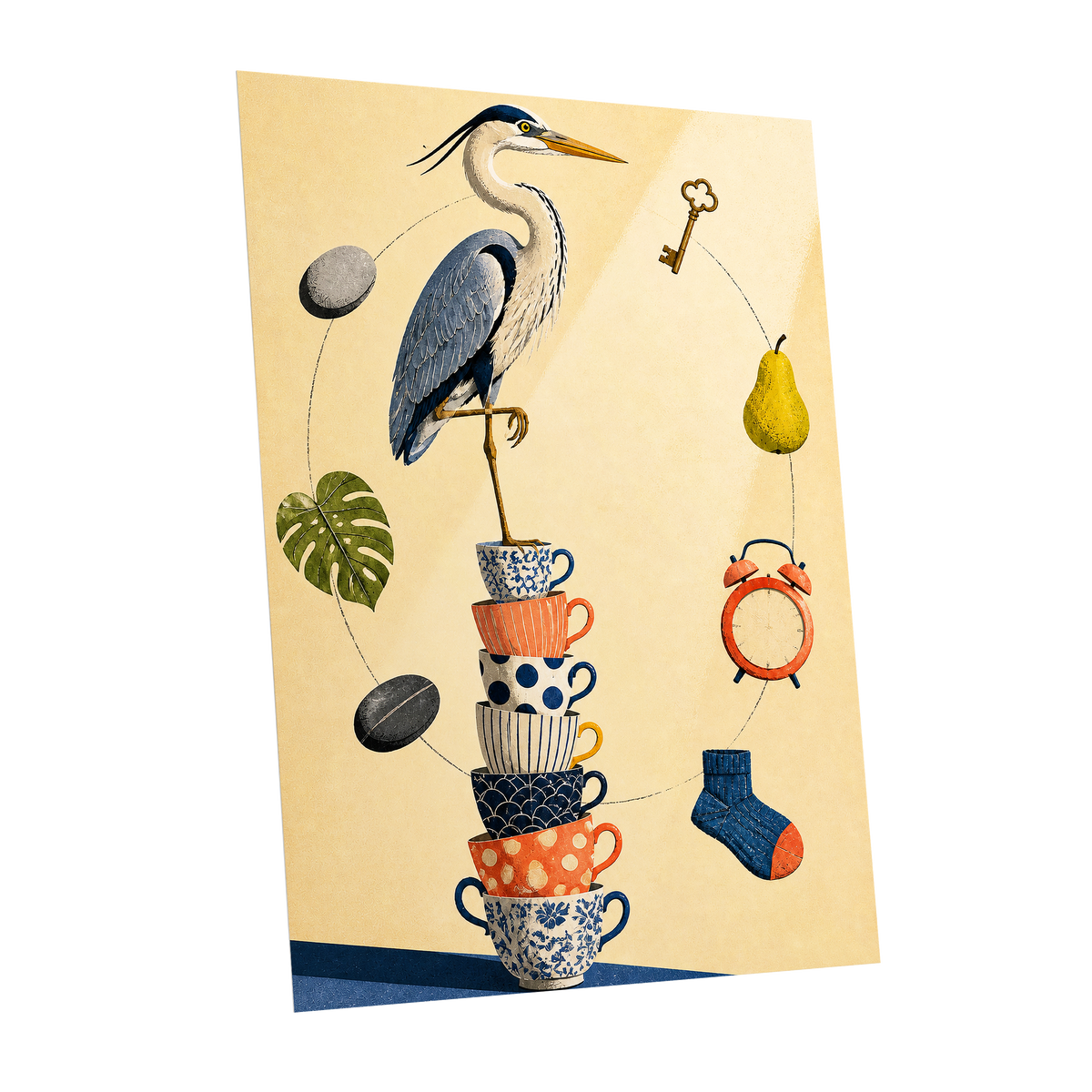 Heron's Balancing Act, beige, blue, orange nature wall art shown as a unframed poster wall art print
