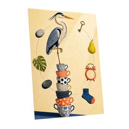 Heron's Balancing Act, beige, blue, orange nature wall art shown as a unframed poster wall art print