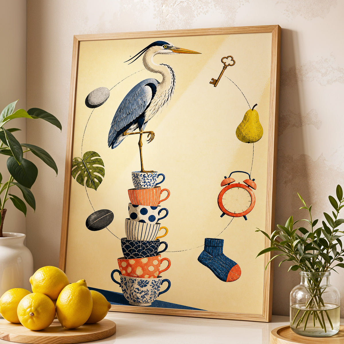 Heron's Balancing Act, beige, blue, orange nature wall art displayed in a styled interior, gallery view 2