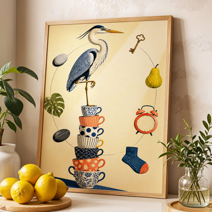 Heron's Balancing Act, beige, blue, orange nature wall art displayed in a styled interior, gallery view 2