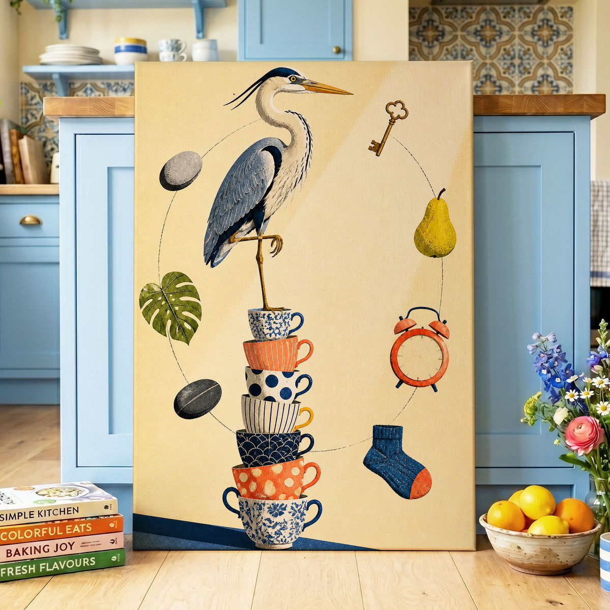 Heron's Balancing Act, beige, blue, orange nature wall art displayed in a styled interior, gallery view 3