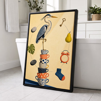 Heron's Balancing Act, beige, blue, orange nature wall art displayed in a styled interior, gallery view 4