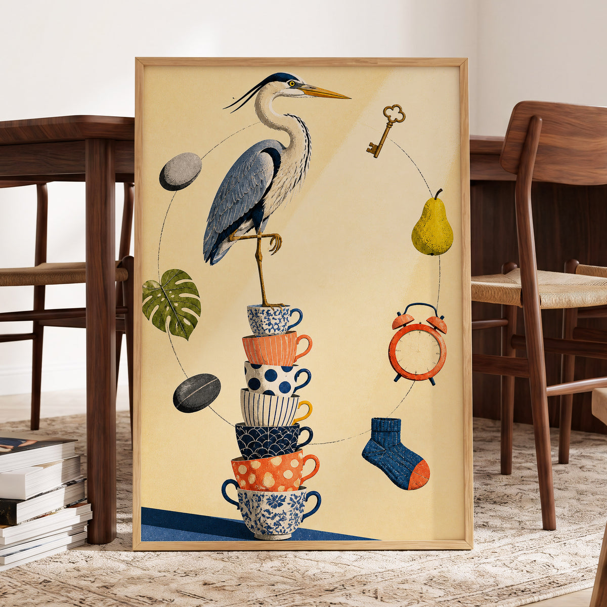 Heron's Balancing Act, beige, blue, orange nature wall art displayed in a styled interior, gallery view 6