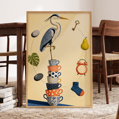 Heron's Balancing Act, beige, blue, orange nature wall art displayed in a styled interior, gallery view 6