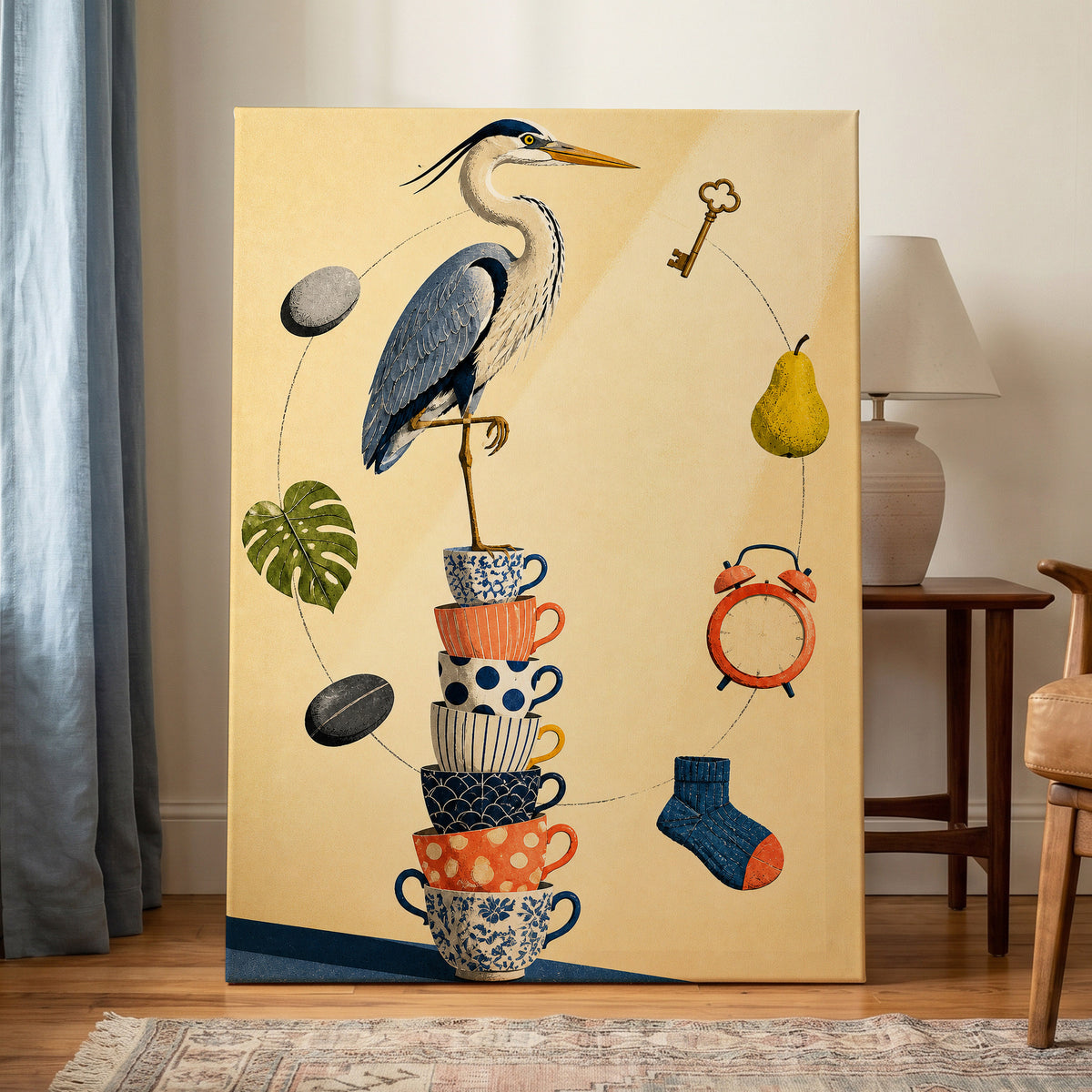 Heron's Balancing Act, beige, blue, orange nature wall art displayed in a styled interior, gallery view 7