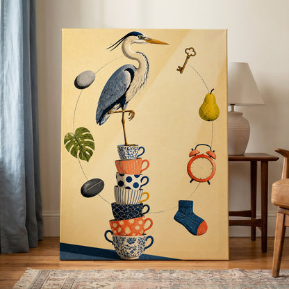 Heron's Balancing Act, beige, blue, orange nature wall art displayed in a styled interior, gallery view 7