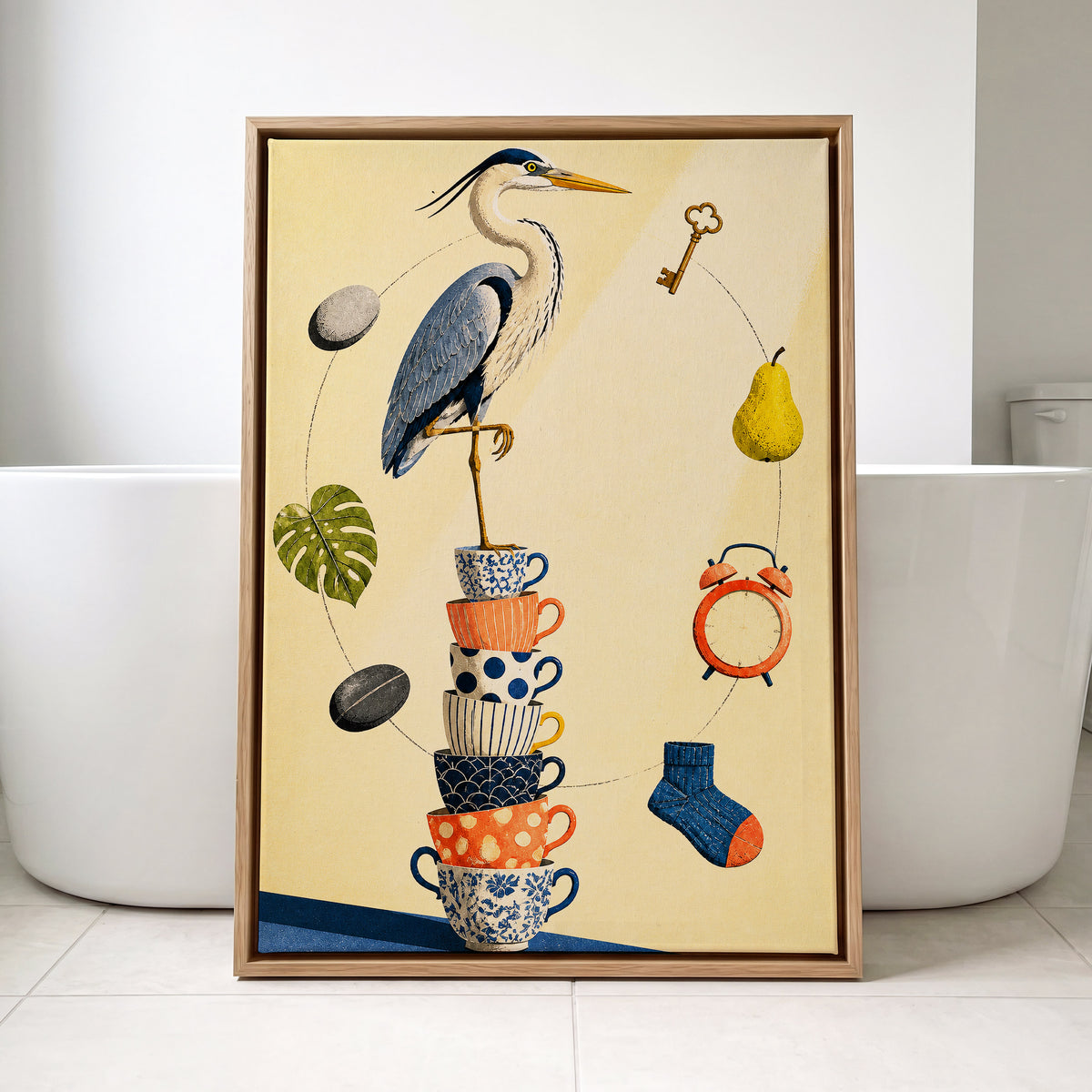 Heron's Balancing Act, beige, blue, orange nature wall art displayed in a styled interior, gallery view 8
