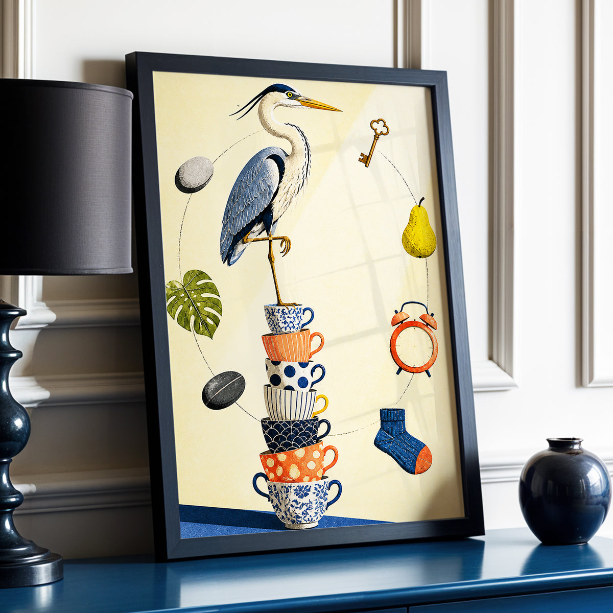 Heron's Balancing Act, beige, blue, orange nature wall art displayed in a styled interior, gallery view 9