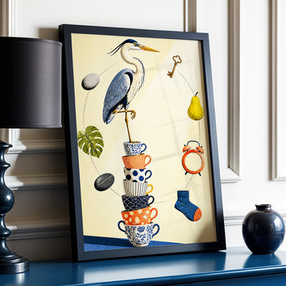 Heron's Balancing Act, beige, blue, orange nature wall art displayed in a styled interior, gallery view 9