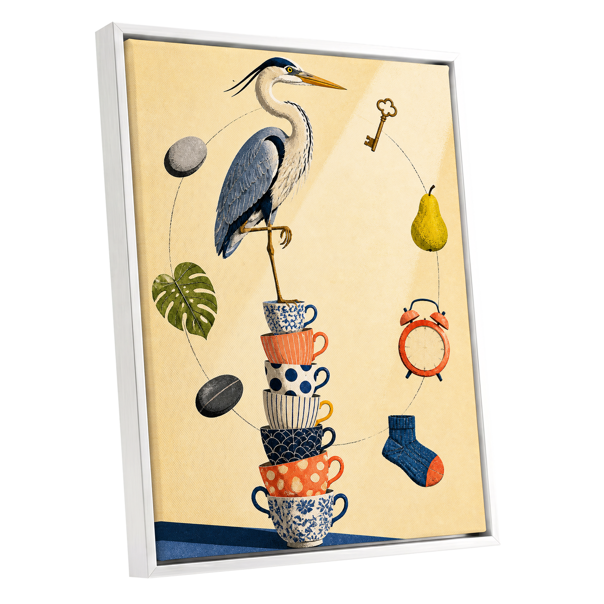 Heron's Balancing Act, beige, blue, orange nature wall art shown as a white framed canvas wall art