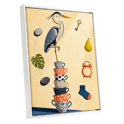 Heron's Balancing Act, beige, blue, orange nature wall art shown as a white framed canvas wall art