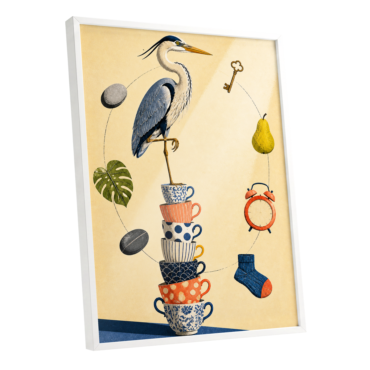Heron's Balancing Act, beige, blue, orange nature wall art shown as a white framed poster wall art print