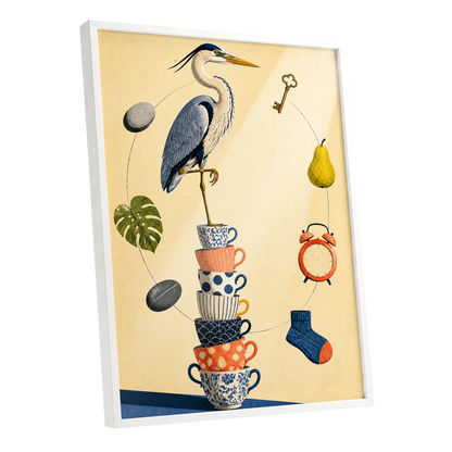 Heron's Balancing Act, beige, blue, orange nature wall art shown as a white framed poster wall art print