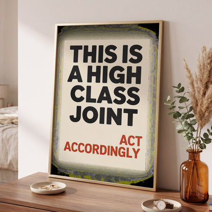 High Class House Rules, black, beige, red minimalist wall art displayed in a styled interior, gallery view 2